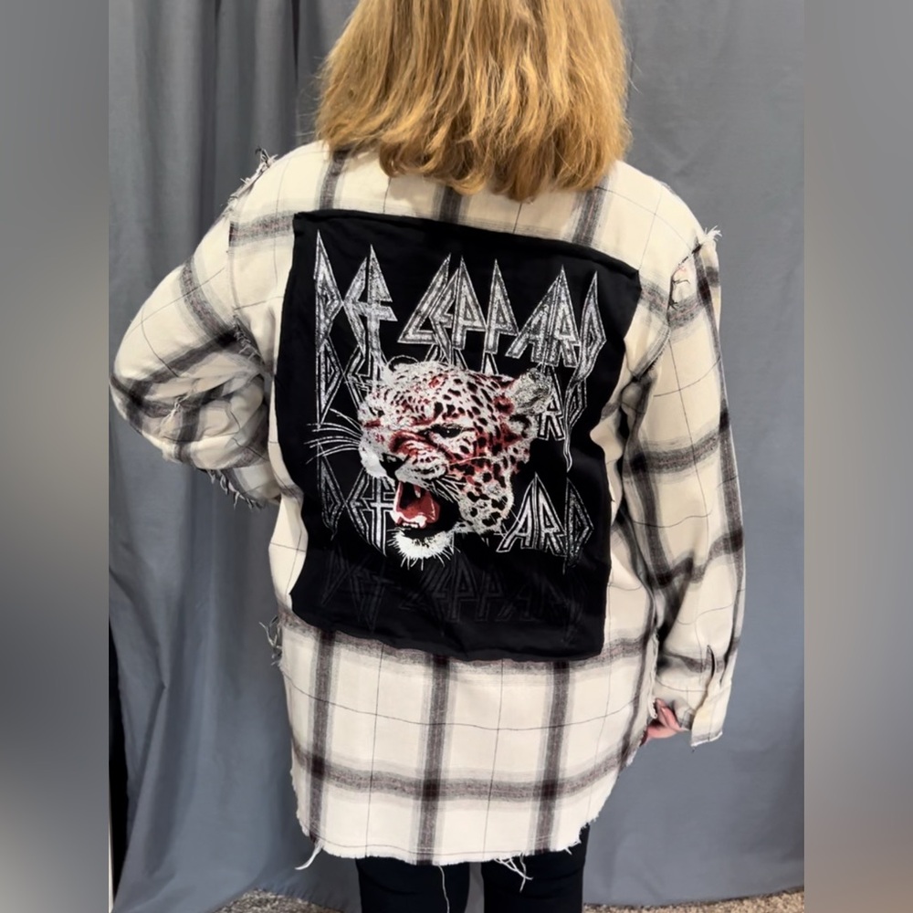 Distressed Plaid Shacket +Def Leopard tee. Up-cycled.   Concerts, Camping, Fall